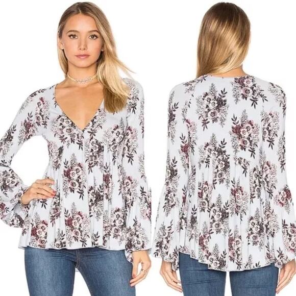 Free People Tops - Free People Speak Easy Sky Blue Floral Long Bell Sleeves Tunic Blouse Top Medium